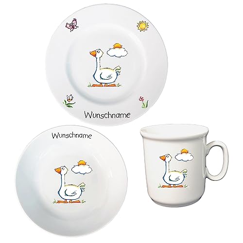 Frühstücksservice 3-tlg. Kinder Geschirr Porzellan Gans Teller Tasse Müslischale personalisierbar mit Wunschname Name Kindergeschirr mit Namen personalisiert von Doriantrade