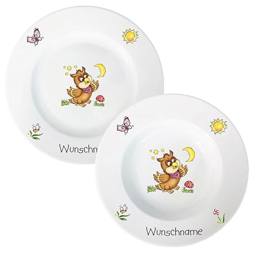 Kindergeschirr Eule Speiseservice 2-tlg. Suppenteller und Speiseteller Kinder Service Set aus Porzellan personalisierbar mit Wunschname Name Kindergeschirr mit Namen personalisiert von Doriantrade