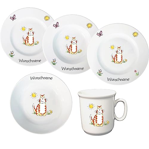 Kindergeschirr Kinderservice 5-tlg. Katze Kinder Geschirr Porzellan Teller Tasse Müslischale personalisierbar mit Wunschname Name Kombiservice mit Namen personalisiert von Doriantrade