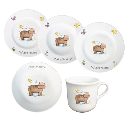 Kindergeschirr Kinderservice 5-tlg. Kinder Service Set aus Porzellan Teller Becher Schale personalisierbar mit Wunschname Name Kindergeschirr mit Namen personalisiert (Nilpferd) von Doriantrade
