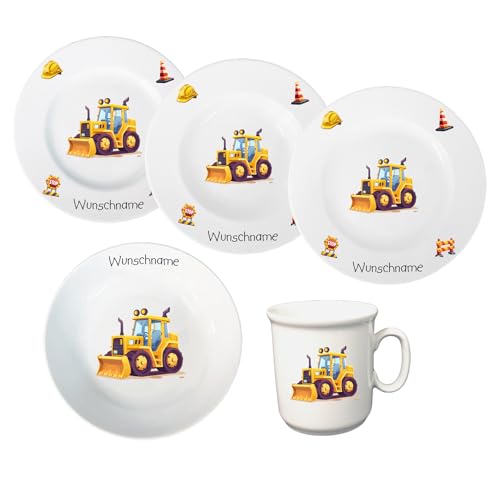 Kindergeschirr personalisiert - Kinderservice 5-tlg. Kinder Service Set aus Porzellan Teller Becher Schale personalisierbar mit Wunschname Name Kindergeschirr mit Namen personalisiert (Radlader) von Doriantrade
