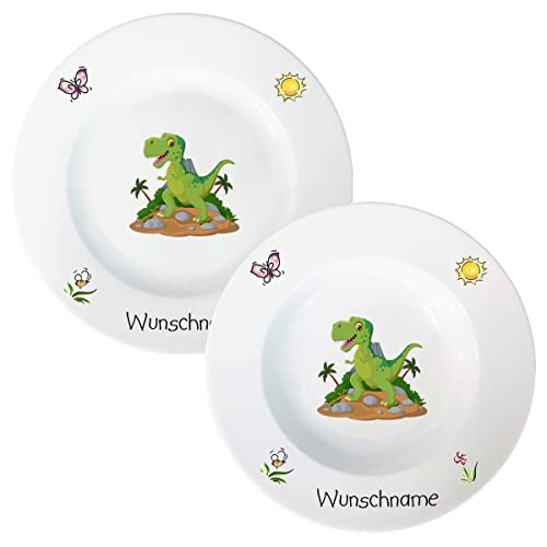 Kindergeschirr Speiseservice 2-tlg. Suppenteller und Speiseteller Kinder Service Set aus Porzellan personalisierbar mit Wunschname Name Kindergeschirr mit Namen personalisiert (Dinosaurier) von Doriantrade