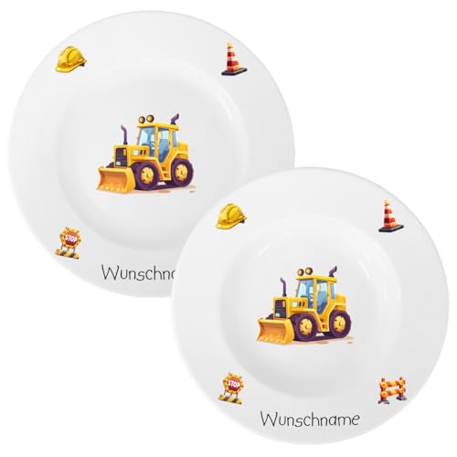 Kindergeschirr personalisiert - Speiseservice 2-tlg. Suppenteller und Speiseteller Kinder Service Set aus Porzellan personalisierbar mit Wunschname Name mit Namen personalisiert (Radlader) von Mcties