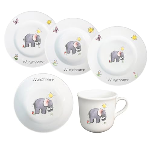 Kindergeschirr personalisiert - Kinderservice 5-tlg. Kinder Service Set aus Porzellan Teller Becher Schale personalisierbar mit Wunschname Name Kindergeschirr mit Namen personalisiert (Elefant) von Doriantrade