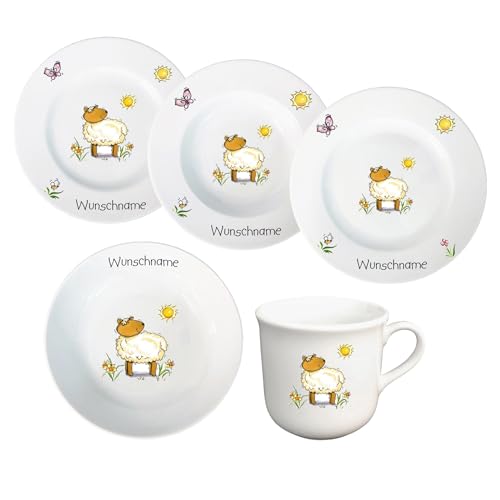 Kindergeschirr personalisiert - Kinderservice 5-tlg. Kinder Service Set aus Porzellan Teller Becher Schale personalisierbar mit Wunschname Name Kindergeschirr mit Namen personalisiert (Lamm) von Doriantrade