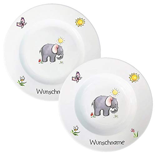 Kindergeschirr Tiere Speiseservice 2-tlg. Suppenteller und Speiseteller Elefant Kinder Service Set aus Porzellan personalisierbar mit Wunschname Name Kindergeschirr mit Namen personalisiert von Doriantrade