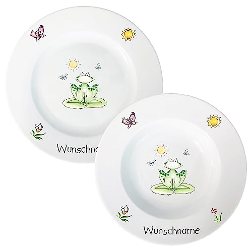 Speiseservice 2-tlg. Kinder Geschirr Porzellan Frosch Speiseteller & Suppenteller Set personalisierbar mit Wunschname Name Kindergeschirr mit Namen personalisiert von Doriantrade