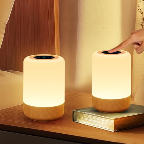 Dorifun LED Nachttischlampe Touch Dimmbar 2er Set, Tischlampe Kabellos USB Aufladbar mit RGB Farbwechsel, Holzmaserung Nachtlicht Kinder Stilllicht Dimmbar mit 4 Timer für Schlafzimmer Kinderzimmer von Dorifun