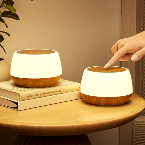 Dorifun LED Nachttischlampe Touch Dimmbar 2er Set, Tischlampe Kabellos USB Aufladbar mit RGB Farben 4 Modi, Nachtlicht Kinder Kleine Stilllicht Dimmbar mit Timing für Schlafzimmer Kinderzimmer - Holz von Dorifun