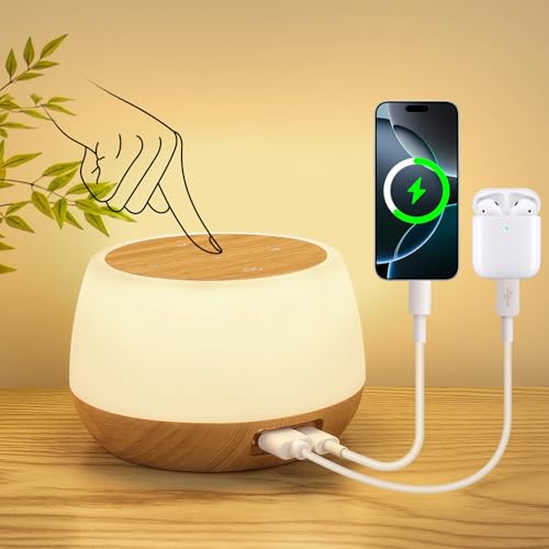 Nachttischlampe mit 20W Ladefunktion, LED Nachttischlampe Touch Dimmbar mit 9 Farben & 3 Modi, Holzmaserung LED Tischlampe, Tischlampe mit Ladefunktion Timing & Memory für deko Wohnzimmer Schlafzimmer von Dorifun