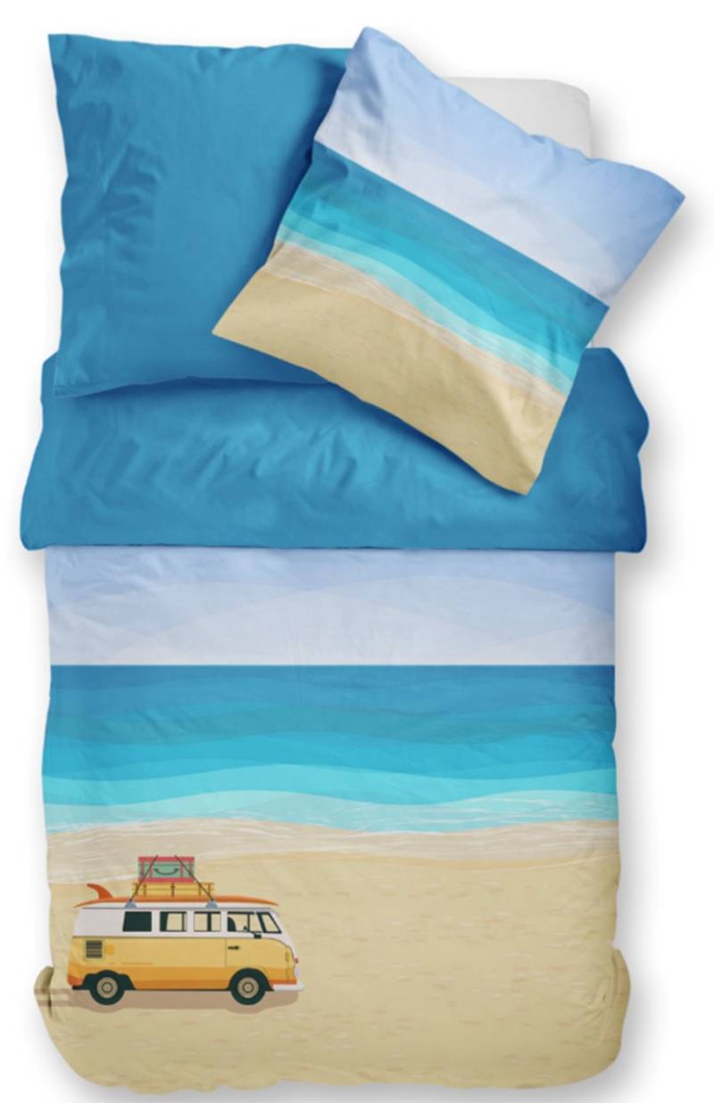 Dormabell Satin Bettwäsche 155x220 Beach Van Bus Strand Meer blau beige Wende von Dormabell GmbH & Co. KG