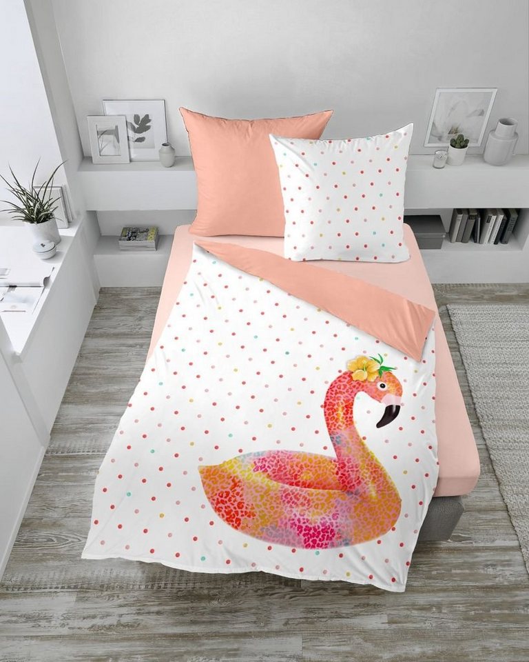 Bettwäsche Mako Satin Wende 135x200 cm 80x80 cm 2442_Fb20 Flamingo Punkte pink, Dormisette, Baumolle, 2 teilig, Bettbezug Kopfkissenbezug Set kuschelig weich hochwertig von Dormisette