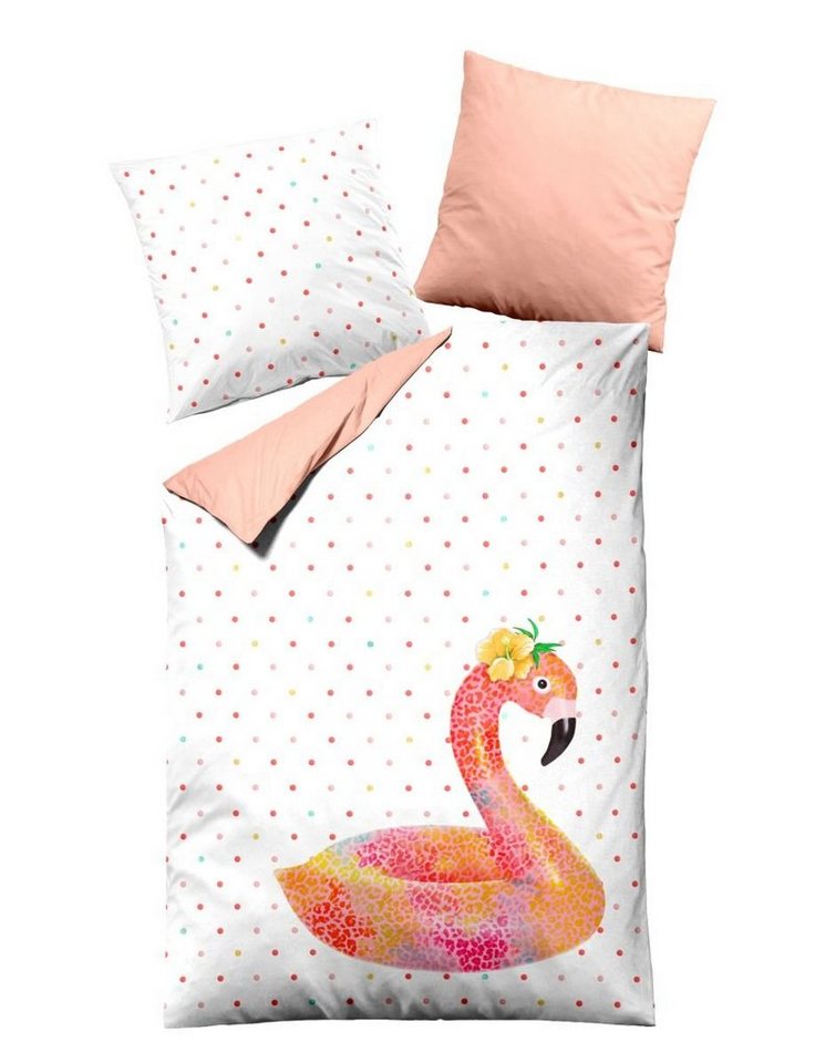 Bettwäsche Mako Satin Wende 155x220 cm 80x80 cm 2442_Fb20 Flamingo Punkte pink, Dormisette, Baumolle, 2 teilig, Bettbezug Kopfkissenbezug Set kuschelig weich hochwertig von Dormisette