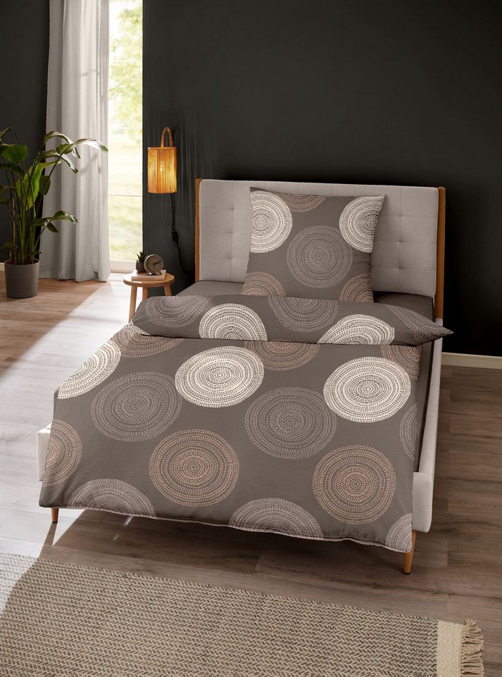 Dormisette Bettwäsche Dormisette Edel Biber Bettwäsche 135x200 Kreise Punkte braun beige, Biber, 2 teilig, perfekt für kalte Wintermonate von Dormisette