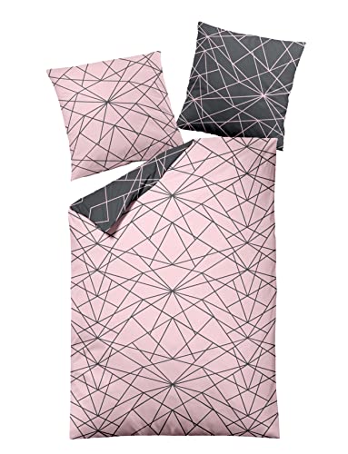 Dormisette Biber Bettwäsche 2tlg grau rosa 2294-93 | Bettwäsche-Set aus 100% Baumwolle | 2 teilige Wende-Bettwäsche 155x220 cm & Kissen 80x80 cm | Geometrisches Muster Linien von Dormisette