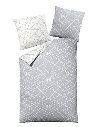 Dormisette Biber Bettwäsche 4tlg grau Silber 65101-08 | Bettwäsche-Set aus 100% Baumwolle | 4 teilige 2X Wende-Bettwäsche 135x200 cm & 2X Kissen 80x80 cm | Geometrisches Muster von Dormisette