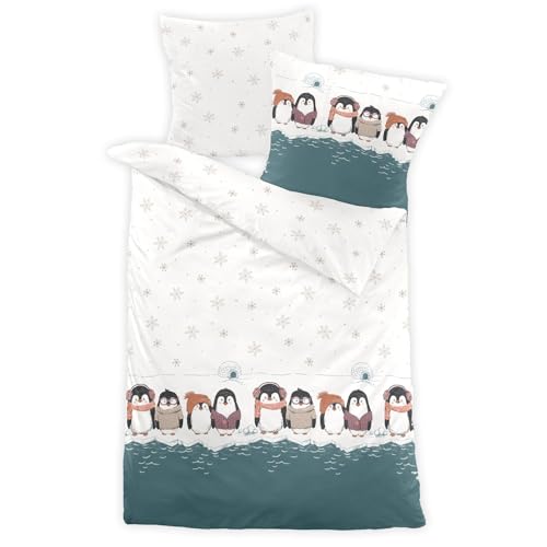 Dormisette Feinbiber Bettwäsche Pinguine Petrol 1 Bettbezug 155 x 220 cm + 1 Kissenbezug 80 x 80 cm von Dormisette