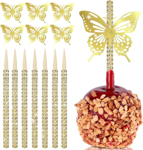 24 Stück Bambusstäbchen für Kandierte Äpfel, Schmetterling Dekoration Karamell-Apfel Stäbchen aus Holz, Obst Leckereien Pop Dec Bar für Dessert Tisch Tee Party Geburtstag Hochzeit Buffet (Gold) von Dormitology