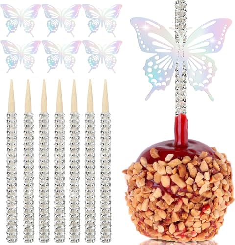 24 Stück Bambusstäbchen für Kandierte Äpfel, Schmetterling Dekoration Karamell-Apfel Stäbchen aus Holz, Obst Leckereien Pop Dec Bar für Dessert Tisch Tee Party Geburtstag Hochzeit Buffet (Silber) von Dormitology