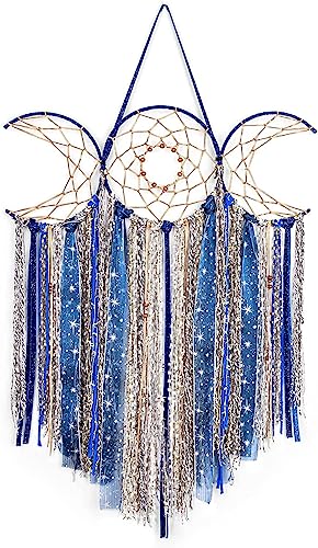 Blau Dreifach-Mond Makramee Wandbehang, Boho Art Große Wicca Mondsichel Traumfänger, Handgemachte böhmische Hippie gewebt Wandteppich Dekor für Schlafzimmer Kinderzimmer Dekoration Geschenk von Dormitology