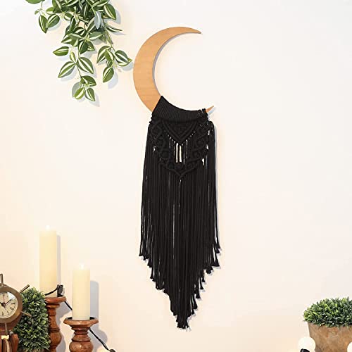 Makramee Mond Boho Wandbehang, Schwarzer Böhmischer Holz Ornament mit Langer Quaste, Handgemachte Einzigartige Mondphasen Holzkunst Heimdeko für Schlafzimmer Kinderzimmer Wohnzimmer von Dormitology