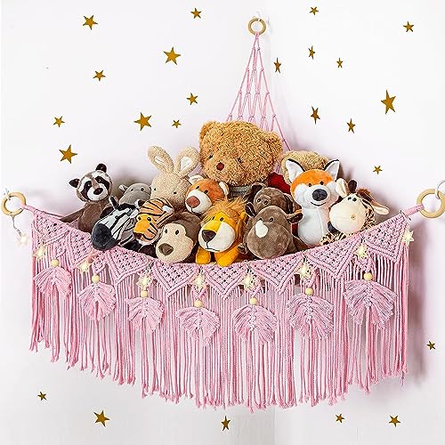 Makramee Spielzeug Aufbewahrung Kuscheltier Aufbewahrung Netz mit Sternenlicht, Plüschtiere Stofftier Hängend Spielzeug Organizer für Kinderzimmer, Boho Ecke Wand hängende Veranstalter (Rosa) von Dormitology