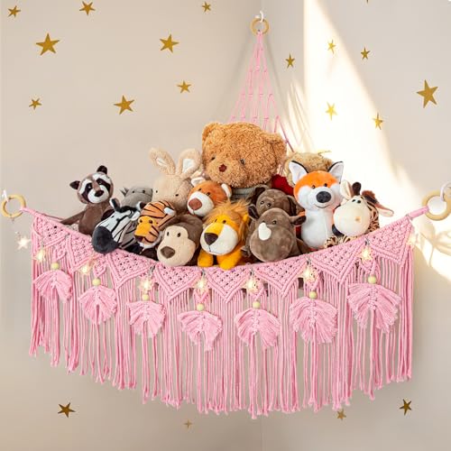 Makramee Spielzeug Aufbewahrung Kuscheltier Aufbewahrung Netz mit Sternenlicht, Plüschtiere Stofftier Hängend Spielzeug Organizer für Kinderzimmer, Boho Ecke Wand hängende Veranstalter (Rosa) von Dormitology