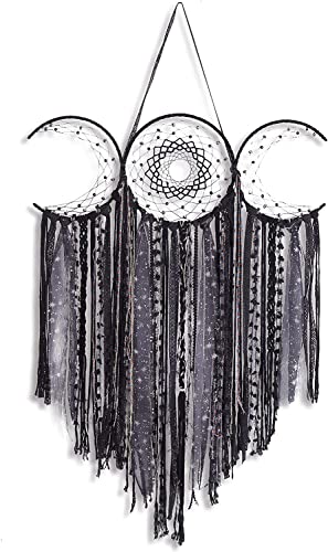 Schwarzer Dreifach-Mond Makramee Wandbehang, Boho Art Große Wicca Mondsichel Traumfänger, Handgemachte böhmische Hippie gewebt Wandteppich Dekor für Schlafzimmer Kinderzimmer Dekoration Geschenk von Dormitology
