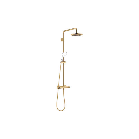 Dornbracht Showerpipe mit Brause-Thermostat, ohne Handbrause, Ausladung Standbrause 450 mm, Kopfbrause 220 mm, 34459979, Farbe: messing gebürstet - 34459979-28 von Dornbracht