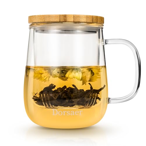 Dorsaer 500 ml Glas-Teetasse mit Teesieb und Deckel, Teetasse aus Glas für Tee zu Hause und im Büro Größere Teetassen aus Glas mit Teesieb und Deckel von Dorsaer