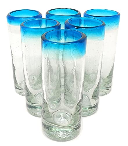 Dos Sueños Mundgeblasene mexikanische Tequila-Schnapsgläser – Set mit 6 Aqua Rim Tequila Schnapsgläsern (je 60 ml) von Dos Sueños