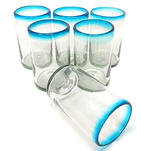 Dos Sueños Mundgeblasene mexikanische Trinkgläser - Set mit 6 Gläsern mit Aquafelgen (je 400 ml) von Dos Sueños