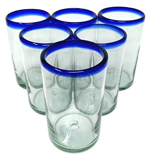 Dos Sueños Mundgeblasene mexikanische Trinkgläser – Set mit 6 Gläsern mit kobaltblauem Rand (je 400 ml) von Dos Sueños