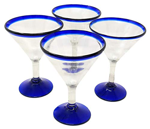 Mexikanisches mundgeblasenes Glas - 4 Stück mundgeblasene moderne Margarita-Gläser - blauer Rand (12 oz) von Dos Sueños