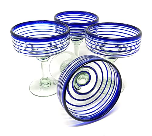 Mexikanisches mundgeblasenes Glas - Set mit 4 mundgeblasenen Margarita-Gläsern (16 oz) mit blauem Spiral-Design von Dos Sueños