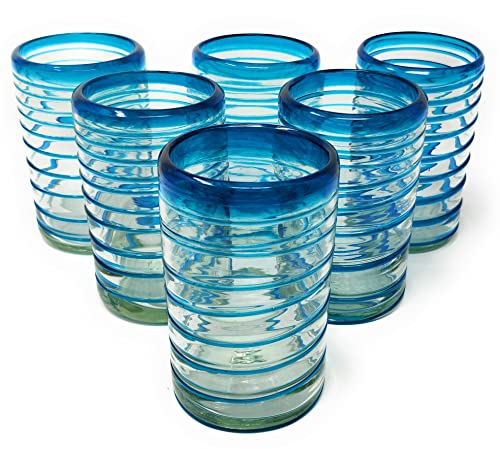 Mundgeblasene mexikanische Trinkgläser - Set mit 6 Gläsern mit Aqua Spirale Design (je 400 ml) .. von Dos Sueños