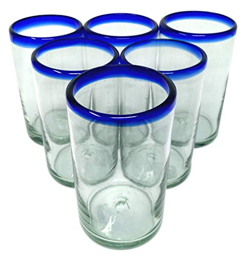 Mundgeblasene mexikanische Trinkgläser – Set mit 6 Gläsern mit kobaltblauem Rand (je 400 ml) von Dos Sueños
