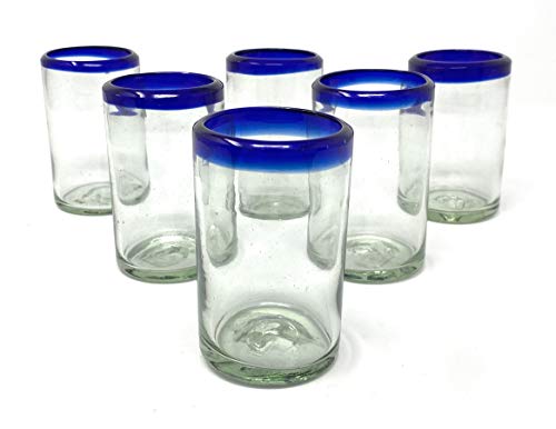 Mundgeblasene mexikanische Trinkgläser – Set mit 6 Saftgläsern mit kobaltblauen Rändern (je 237 ml) von Dos Sueños