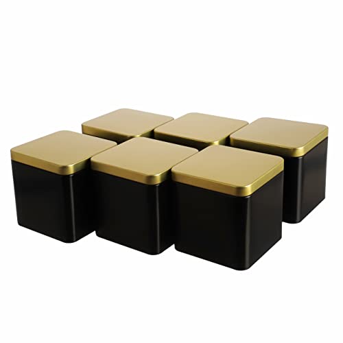 Dosenritter | 6 x edle eckige Teedose/Vorratsdose, Schwarz Gold, aromadicht aus Metall für je 150g Tee | 9 x 9 x 9 cm (H,B,T) | auch ideal als Gewürzdose von Dosenritter