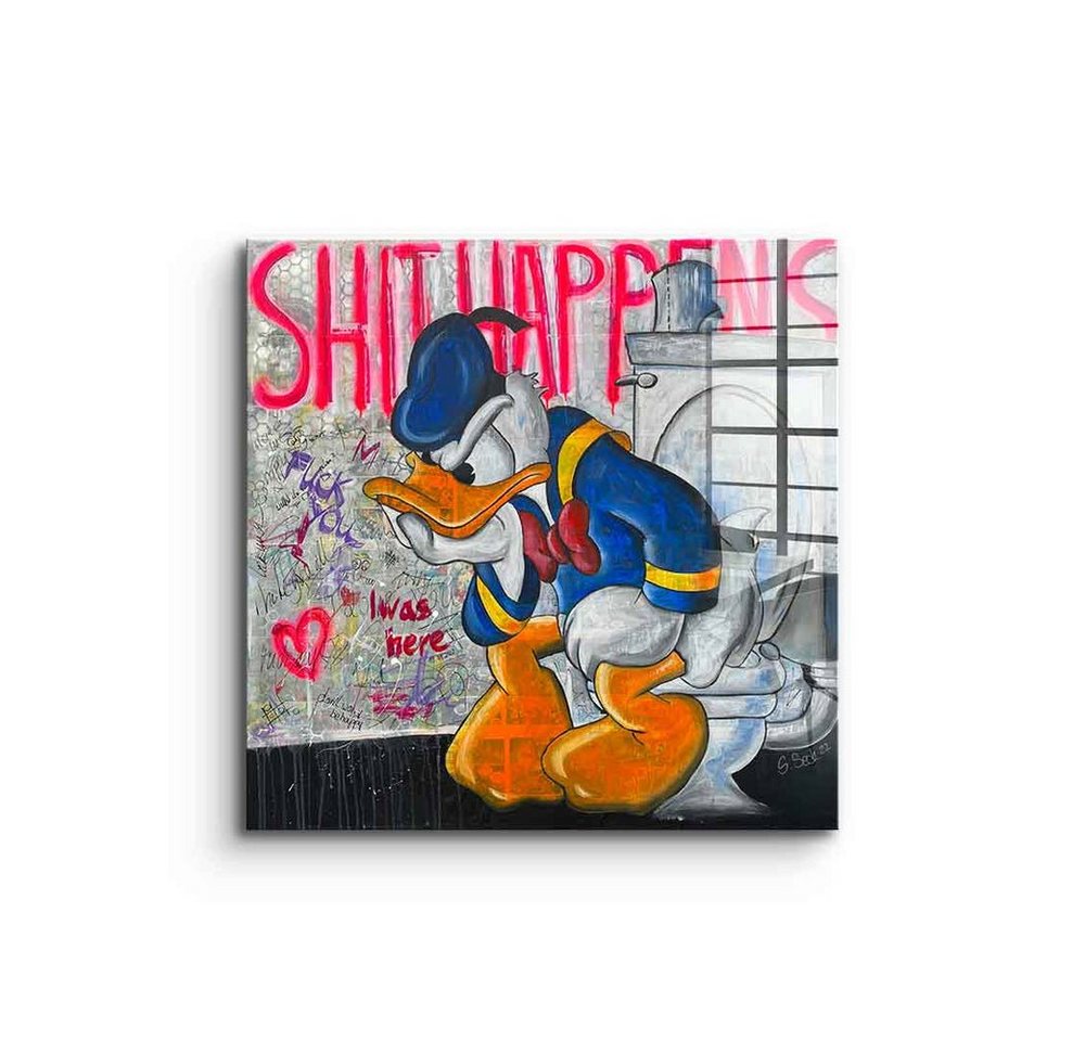 DOTCOMCANVAS® Acrylglasbild Shit Happens - Acrylglas, Acrylglasbild Donald Duck Shit Happens Bad Toilette Pop Art Comic von Dotcomcanvas