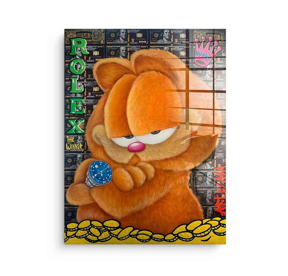 DOTCOMCANVAS® Acrylglasbild Rich Garfield - Acrylglas, Acrylglasbild Garfield Rolex Hustle Comic Cartoon Dollar Schein Bill von Dotcomcanvas