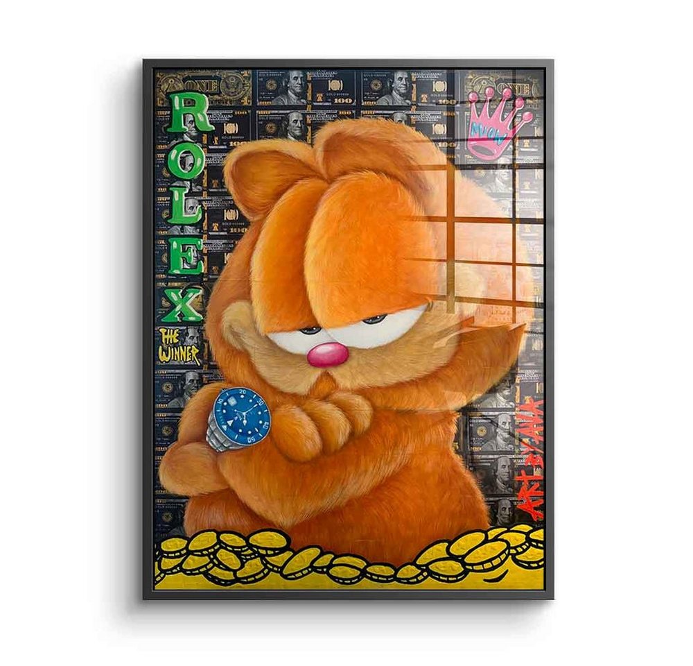 DOTCOMCANVAS® Acrylglasbild Rich Garfield - Acrylglas, Acrylglasbild Garfield Rolex Hustle Comic Cartoon Dollar Schein Bill von Dotcomcanvas