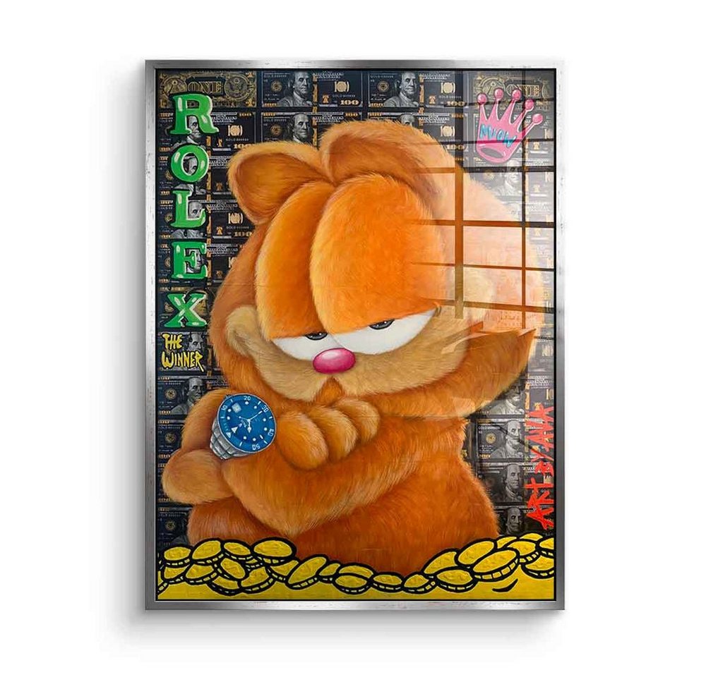 DOTCOMCANVAS® Acrylglasbild Rich Garfield - Acrylglas, Acrylglasbild Garfield Rolex Hustle Comic Cartoon Dollar Schein Bill von Dotcomcanvas