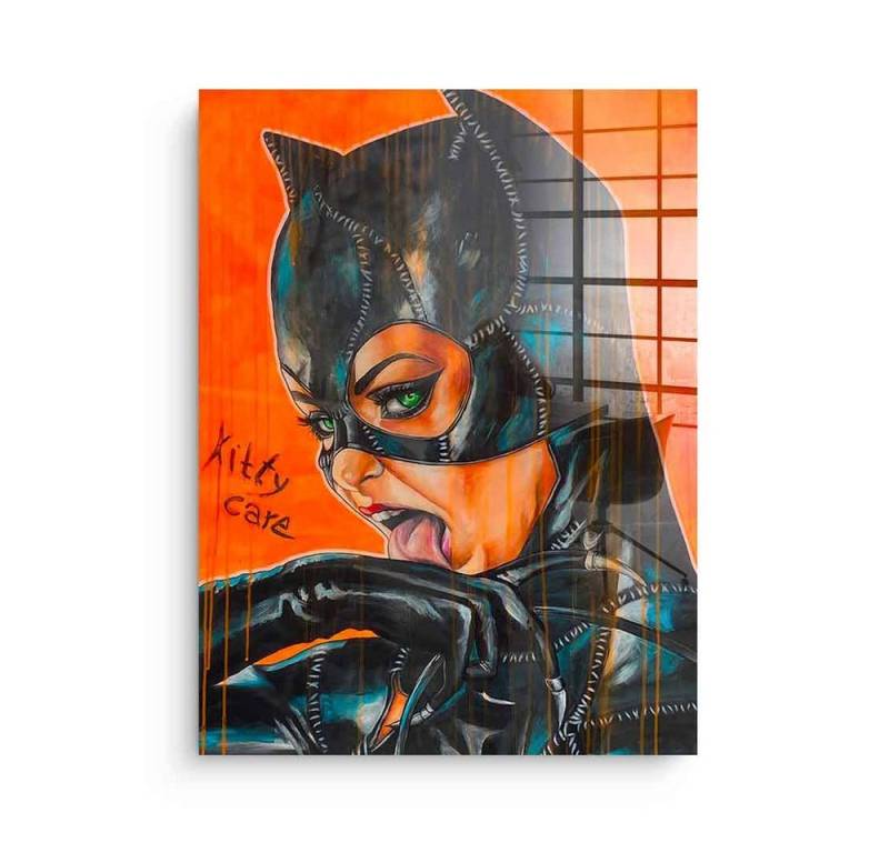 DOTCOMCANVAS® Acrylglasbild Kitty Care - Acrylglas, Acrylglasbild Catwoman Porträt Comic Kitty Care hochkant schwarz orang von Dotcomcanvas