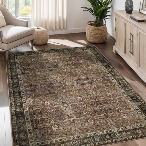 Dotiiorug Teppich, waschbar, für Schlafzimmer, Vintage-Blumenmuster, weich, rutschfest, schmutzabweisend, Teppich für Wohnzimmer, Esszimmer, Küche, Zuhause, Büro, Braun mit Blumenmuster Dotiiorug Teppich, waschbar, für Schlafzimmer, Vintage-Blumenmuster, weich, rutschfest, schmutzabweisend, Teppich für Wohnzimmer, Esszimmer, Küche, Zuhause, Büro, Braun mit Blumenmuster von Dotiiorug