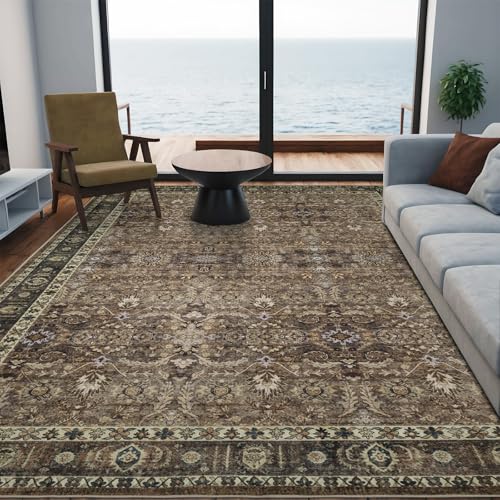Dotiiorug Waschbarer Teppich, Vintage, Boho, Blumenmuster, für Wohnzimmer, Schlafzimmer, rutschfest, Niederflor-Teppich, 077, Braun mit Blumenmuster von Dotiiorug
