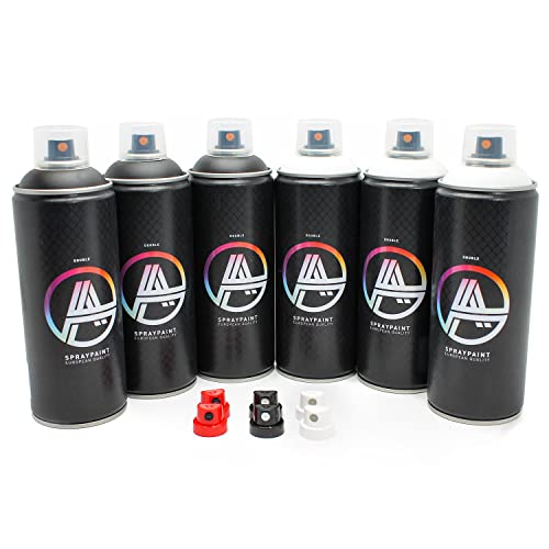 Double A Spraypaint Sprühdosen Set, Paket Black/White, 6x400ml Schwarz/Weiß Spraydosen + Sprühaufsätze von Double A Spraypaint