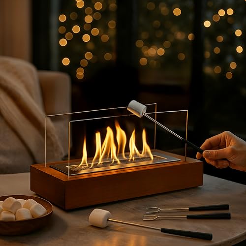 Double T Concept, Tischkamin, Juno Walnut Tischkamin mit 3 Stunden Brenndauer, Bio Ethanol Kamin für Innen und Außen, Holz, Balkon Wohnung Dekoration, Schaffen Sie eine romantische Atmosphäre von Double T Concept