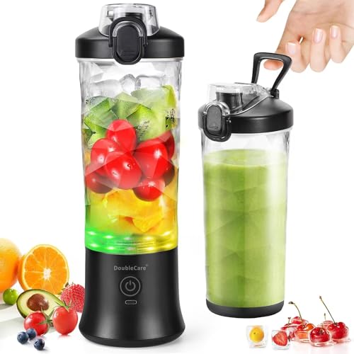 Mixer Smoothie Maker 600ml, Wiederaufladbarer, 4000 mAh Portable Blender, 3D 6 Klingendesign und IP67 Wasserdichtigkeit, USB-Frischsaftmixer mit 2 Mixmodi und 270 W Motor Leicht umrühren von DoubleCare