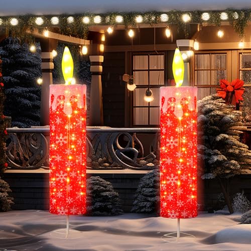 DoubleFill 2 Stück 1,6 m Weihnachten LED Kerze Dekoration mit flackernder Flamme Rot Glitzer 3D Design Prelit Outdoor Dekor für Hof, Veranda, Urlaubsparty von DoubleFill